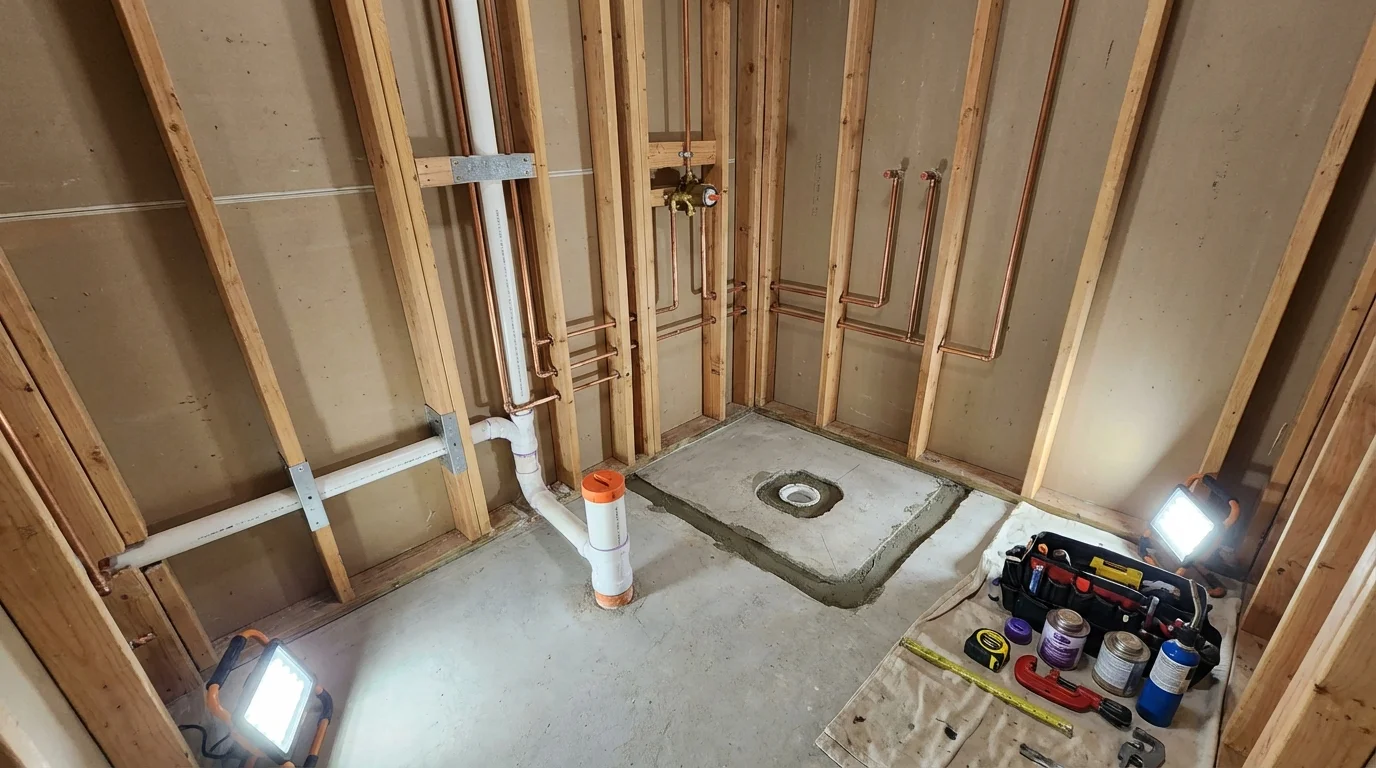 Bathroom rough-in plumbing during remodel by Johns Plumbing LLC in Narberth