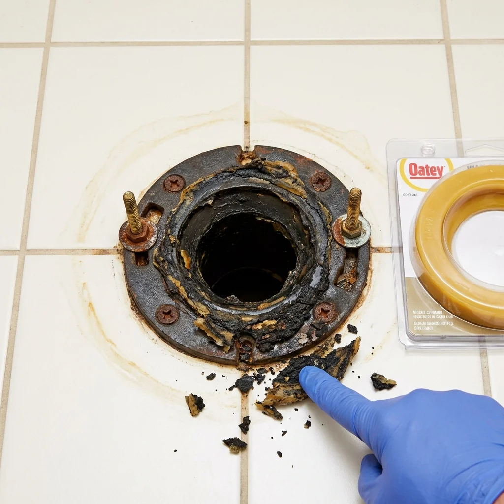 Failed wax ring showing water seepage at the base of a toilet in a Narberth, PA home