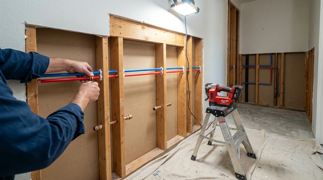 Old galvanized pipes being replaced with modern PEX piping during a whole-house repipe in Narberth, PA